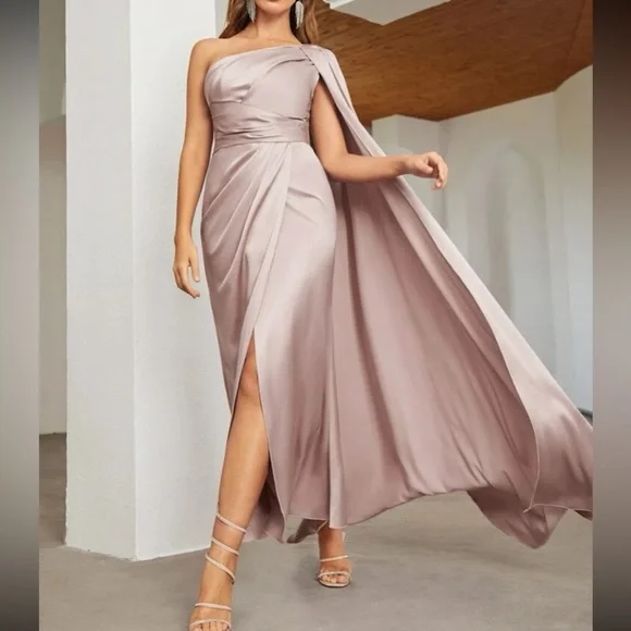 Luxe one shoulder party formal evening wedding prom satin dress